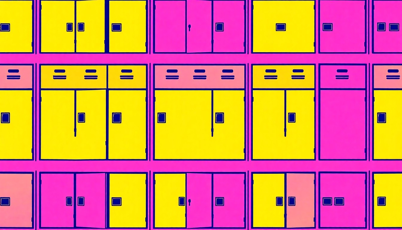 A high-contrast silkscreen print of a school locker repeated in a grid pattern, rendered in vibrant neon colors and heavy black outlines to create a modern pop art aesthetic.