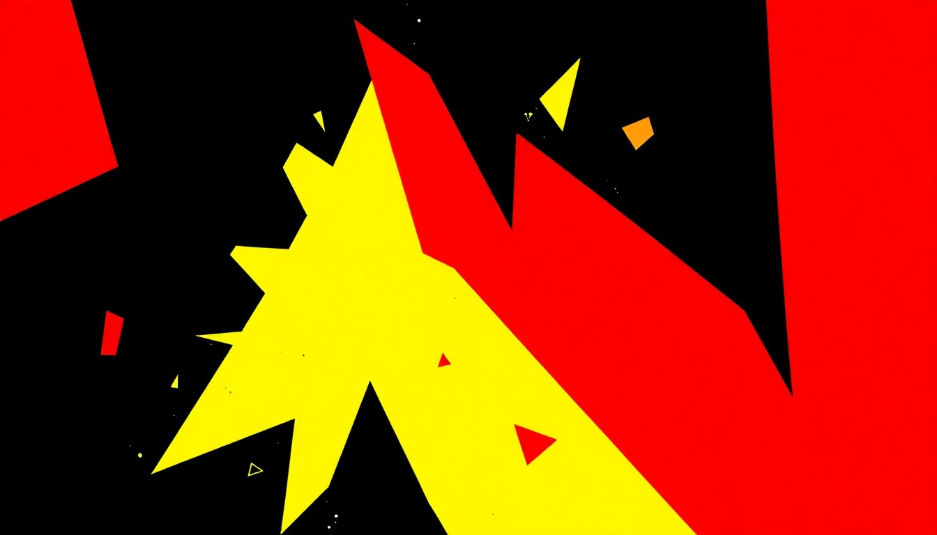 An abstract, minimalist illustration composed of sharp, angular shapes in bold red, black, and yellow, conveying the raw energy and grit of an 80s rock band without any literal imagery.