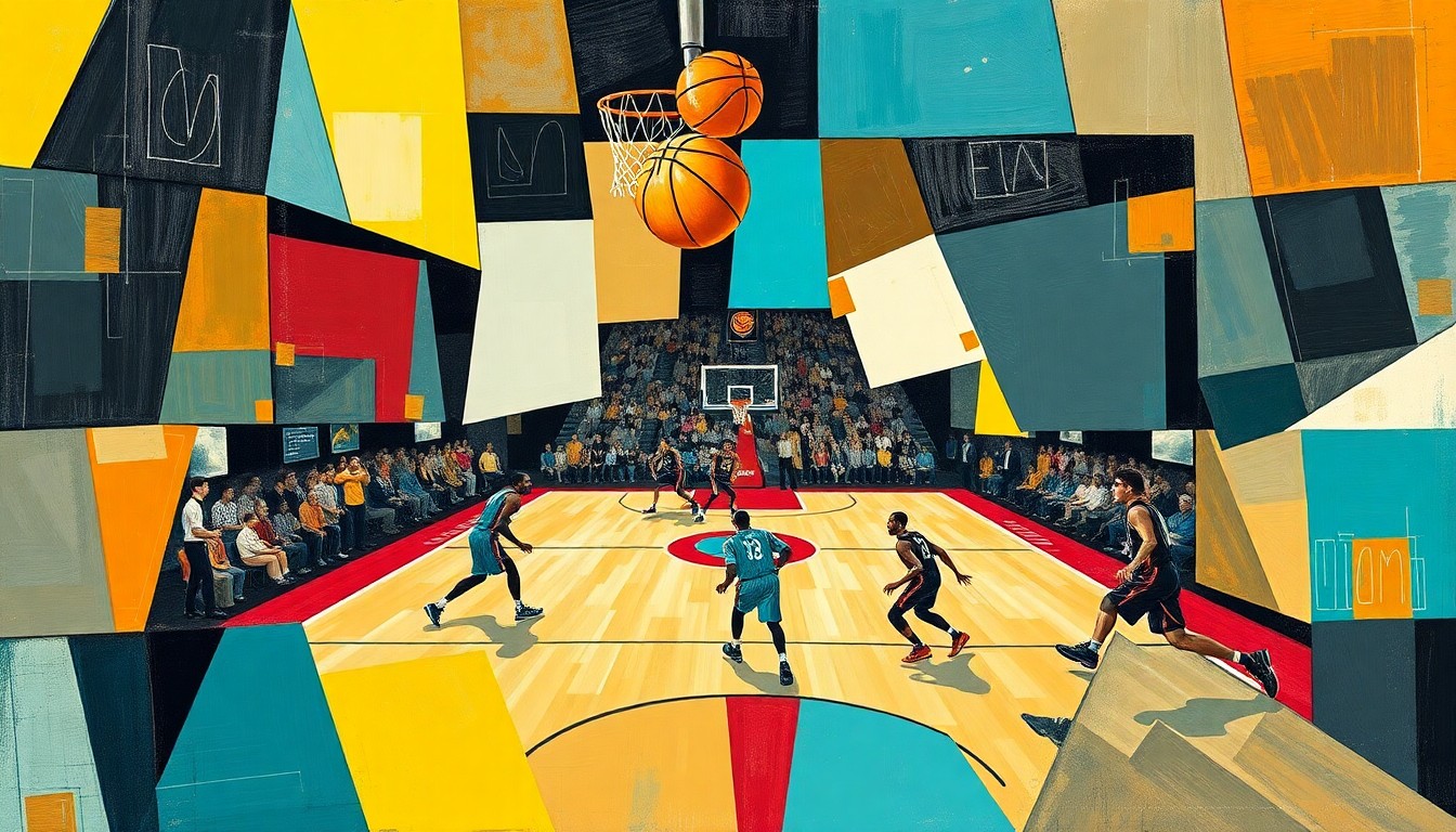 A fractured, multi-perspective painting that breaks down a basketball game between the Charlotte Hornets and Miami Heat into sharp, overlapping geometric planes, abstracting the players' movements and the court's lines into a dynamic, cubist composition.