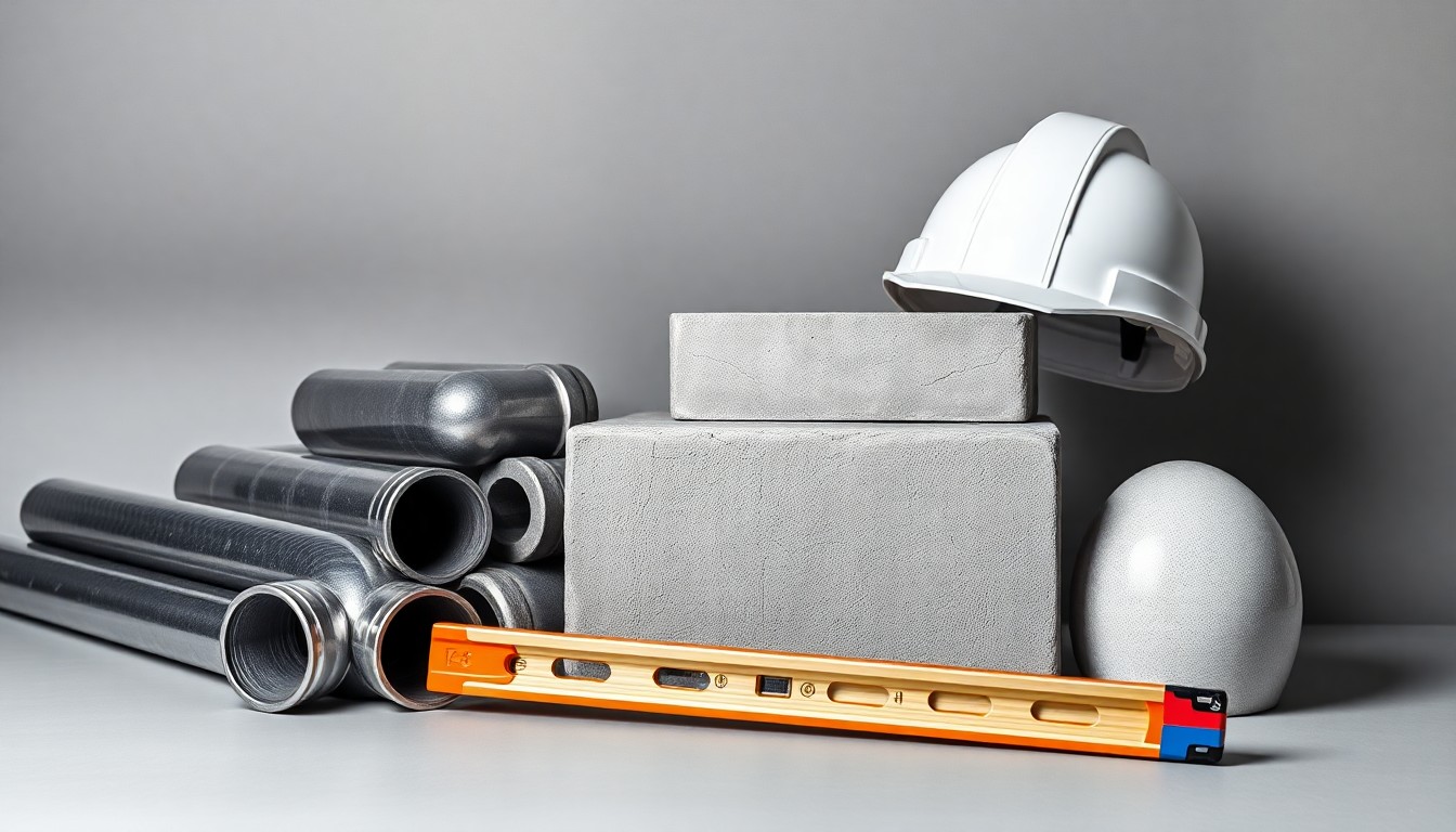 A high-end studio still life photograph featuring a collection of polished steel pipes, concrete blocks, a hardhat, and a carpenter's level arranged elegantly on a clean, monochromatic background, conceptually representing the infrastructure work revitalizing the Main Street corridor.