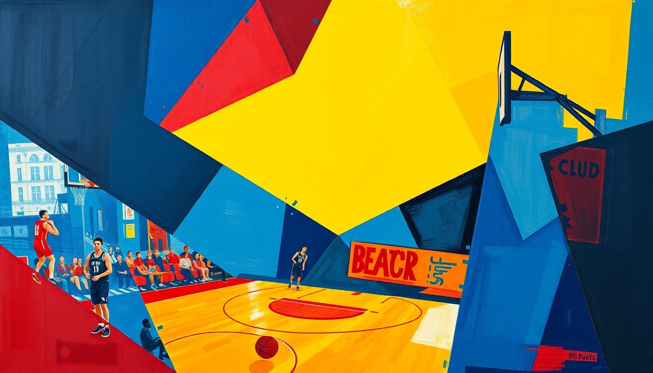 A fractured, geometric painting in bold colors representing the strategic and athletic elements of a basketball game or match, with no recognizable figures or text.