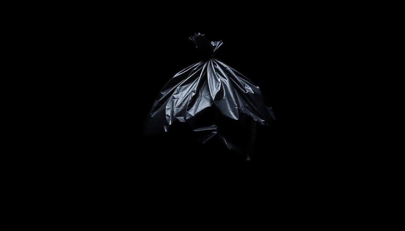 An extreme close-up photograph of a black garbage bag against a pitch-black background, lit by a harsh, direct camera flash, conceptually representing the discarded remains of a deceased dog and the grim reality of animal cruelty.