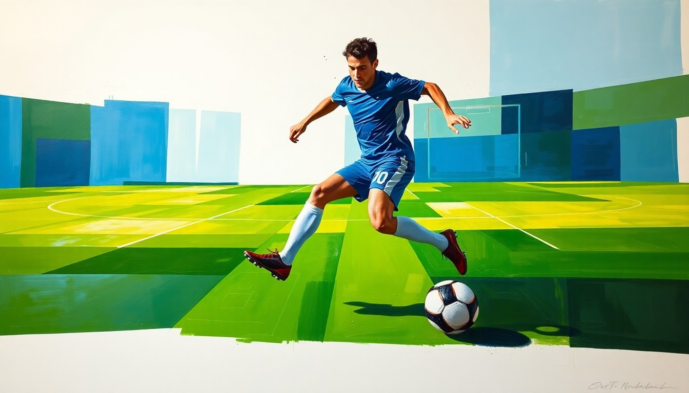 A cubist-style painting depicting a soccer player in mid-stride, with the ball and field deconstructed into sharp, overlapping geometric shapes in a palette of deep greens, royal blues, and bright whites, conceptually representing the impact of a key player's injury on a team's season.