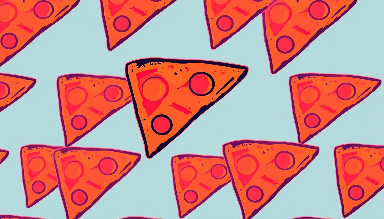 A brightly colored, high-contrast silkscreen print of a single, iconic New Haven-style pizza slice repeated in a tight grid pattern, utilizing flat, vibrant, and unnatural neon color palettes overlapping with heavy black photographic outlines to turn the everyday pizza slice into modern pop art.
