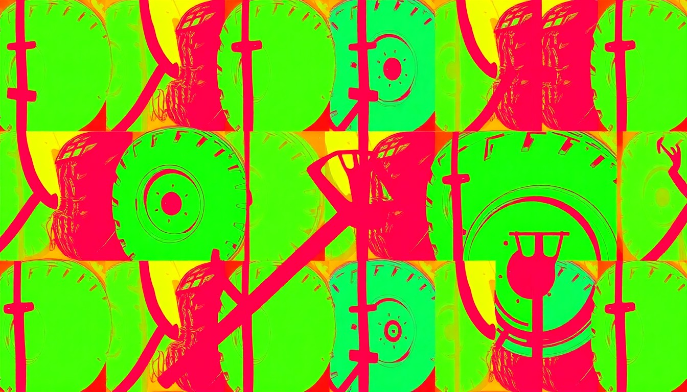 A brightly colored, high-contrast silkscreen print of a farming tool such as a pitchfork or tractor tire repeated in a tight grid pattern, conceptually representing the community-driven nature of the Goliad SWCD's annual public meeting.