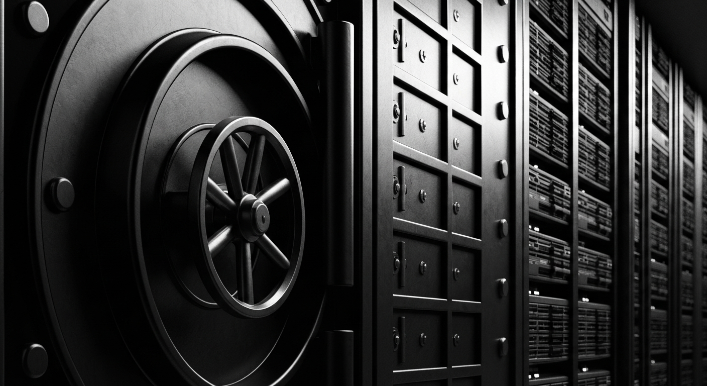 A high-contrast, black and white close-up image of heavy, industrial banking machinery and infrastructure, conveying the secure, institutional nature of Univest's financial services.