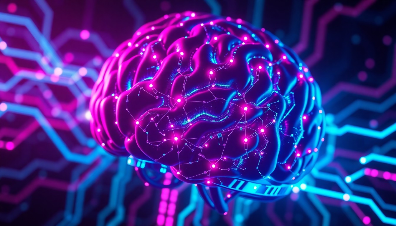 A highly detailed, glowing 3D illustration of a futuristic digital brain interface, with pulsing neon blue and magenta lights flowing through intricate circuits and neural pathways, conceptually representing the advanced technology enabling the preservation and replication of human consciousness.