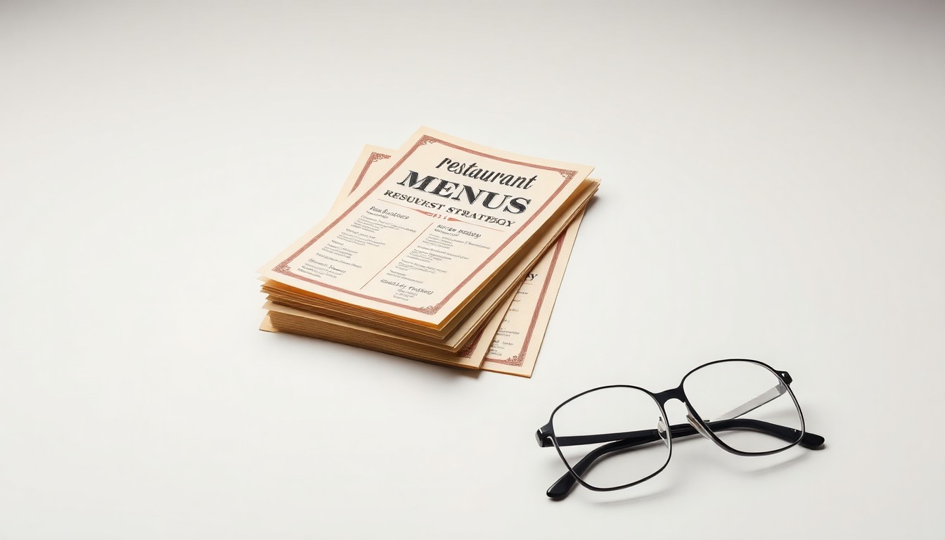 A minimalist studio still life photograph featuring a stack of restaurant menus, a pen, and a pair of eyeglasses on a clean, monochromatic background, conceptually representing the business strategy and influence of successful restaurant leaders.
