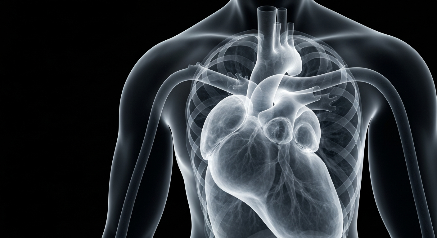 A ghostly, translucent X-ray image showing the intricate structure of the human heart and lungs, conveying the fragility and complexity of the body.