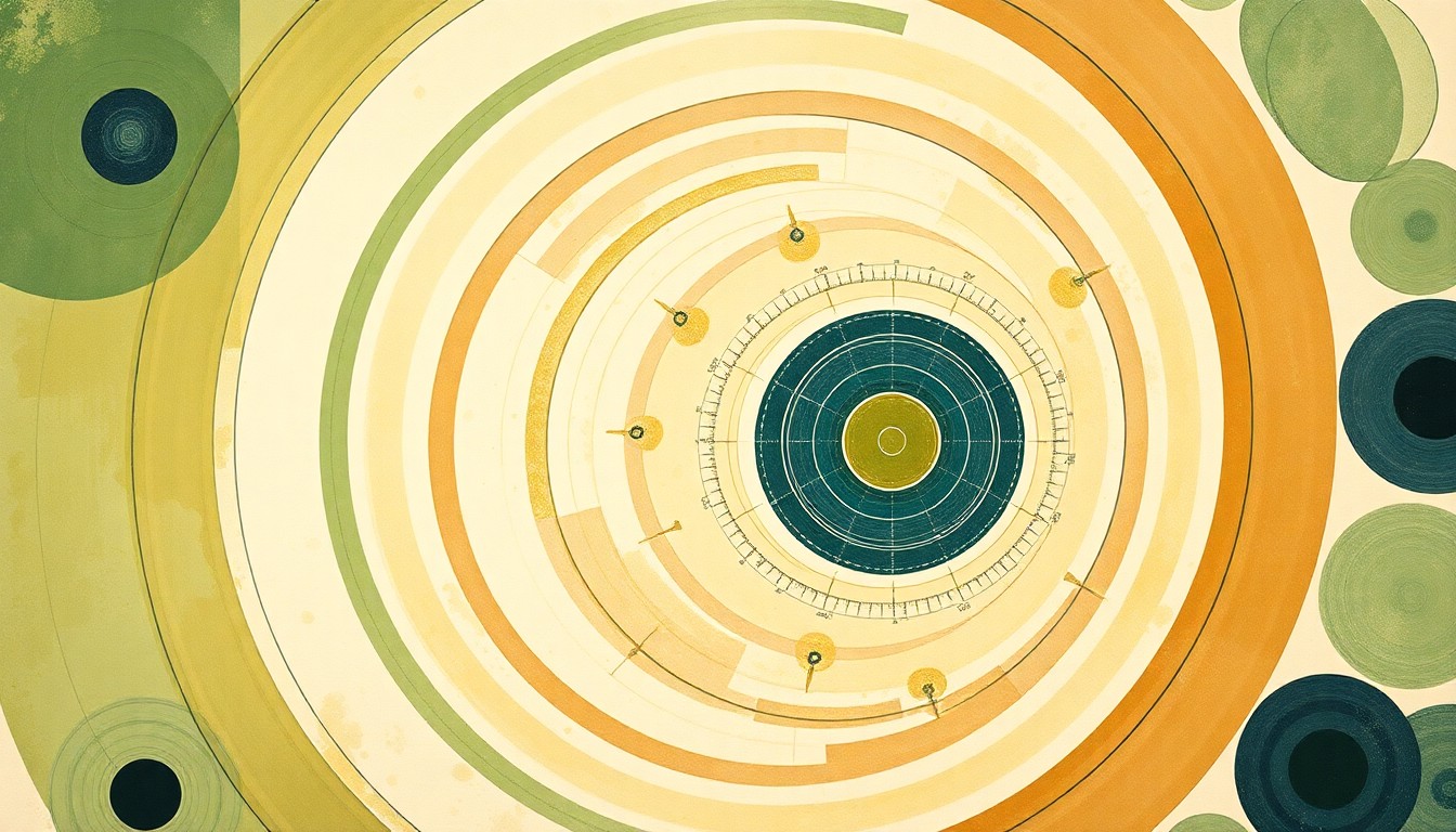 A highly structured abstract painting in muted earth tones, featuring sweeping geometric arcs, concentric circles, and precise botanical spirals, conceptually representing the interconnected systems of a community solar power grid.