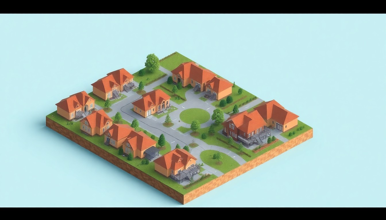 A miniature, stylized 3D illustration of a residential neighborhood with rows of modern, geometric luxury homes, a community clubhouse, and lush green spaces, representing the high-end Toll Brothers at Midline community in Webster, Texas.