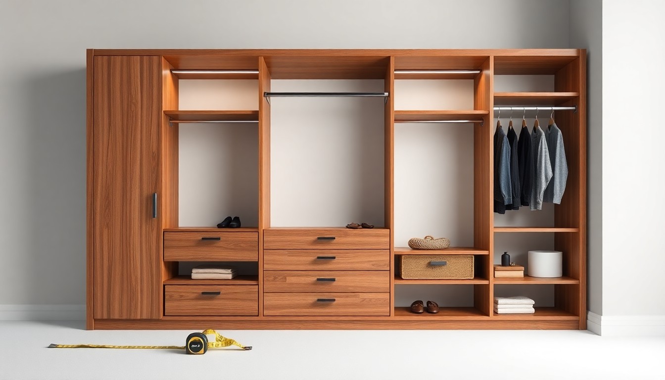 A photorealistic studio still life featuring a modern, minimalist closet system made of polished wood and metal, along with a tape measure and home decor accessories, all arranged elegantly on a clean, monochromatic background to symbolize the precision and craftsmanship of custom home organization solutions.