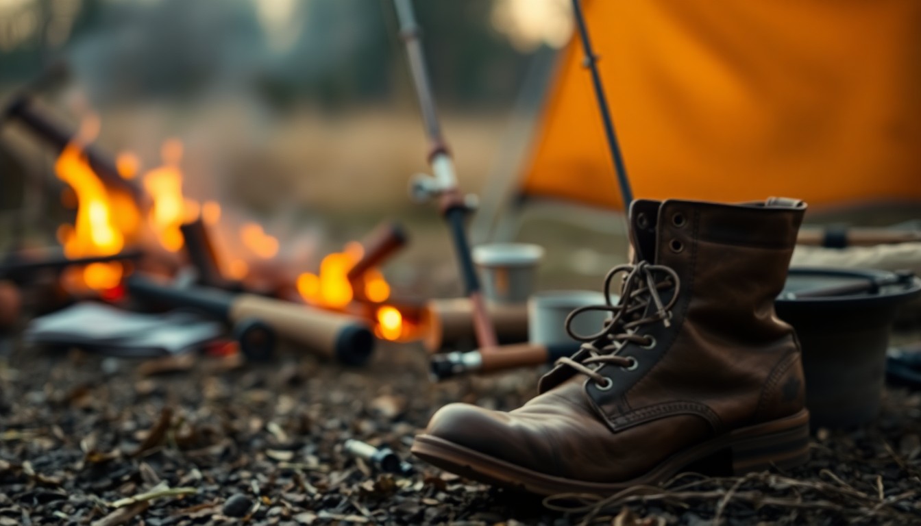 A softly blurred, atmospheric photograph in warm, earthy tones depicting an outdoor scene with a campfire, fishing rods, and a pair of worn leather boots, conceptually representing the peaceful, nostalgic legacy of a lifelong outdoorsman.
