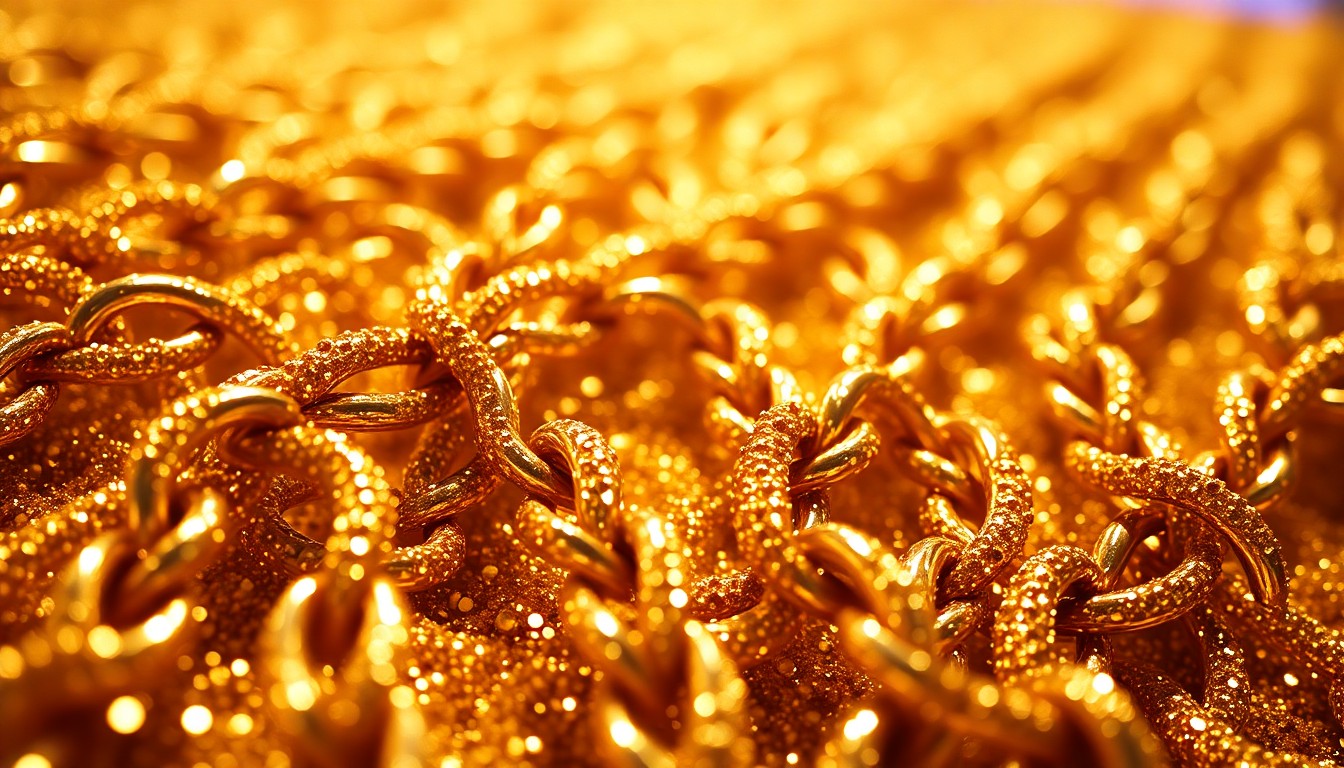 An abstract close-up photograph of a shimmering, golden chain texture, captured in dramatic studio lighting to evoke a sense of country music stardom and commercial success.