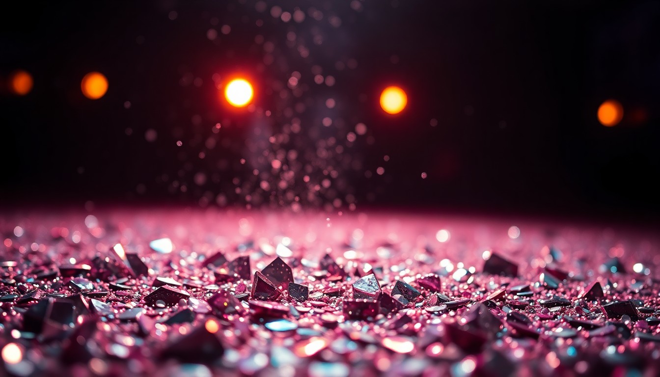 An extreme close-up of shimmering sequins and shattered glass reflecting dramatic studio lighting, conceptually representing the glamour and energy of a music festival.