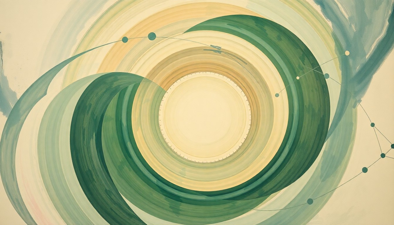 A highly textured, abstract painting in soft shades of green, blue, and brown, featuring sweeping geometric arcs, concentric circles, and precise botanical spirals, conceptually representing the structural order and international collaboration of the commercial space industry.
