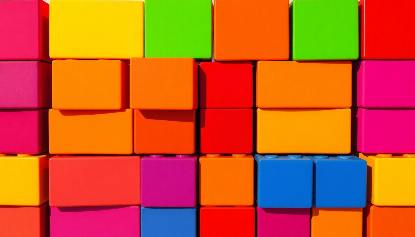 A bold, colorful silkscreen-style illustration featuring a repeating grid of stacked children's building blocks in bright primary colors, representing the playful, hands-on approach to early childhood education at the Little Alice Learning Center.