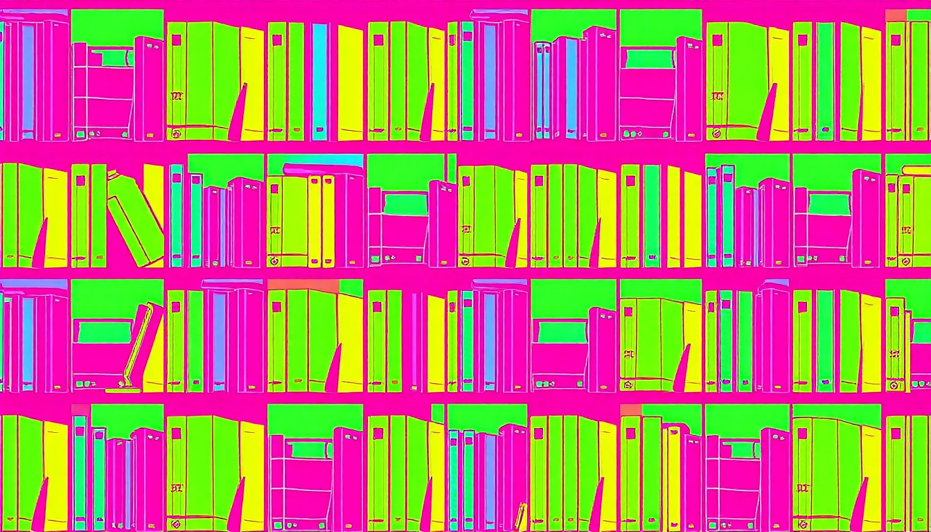 A high-contrast silkscreen print in bright neon colors depicting a repeated pattern of a stack of books or other iconic library object, conceptually representing the historic significance and community value of the Crestwood Library.
