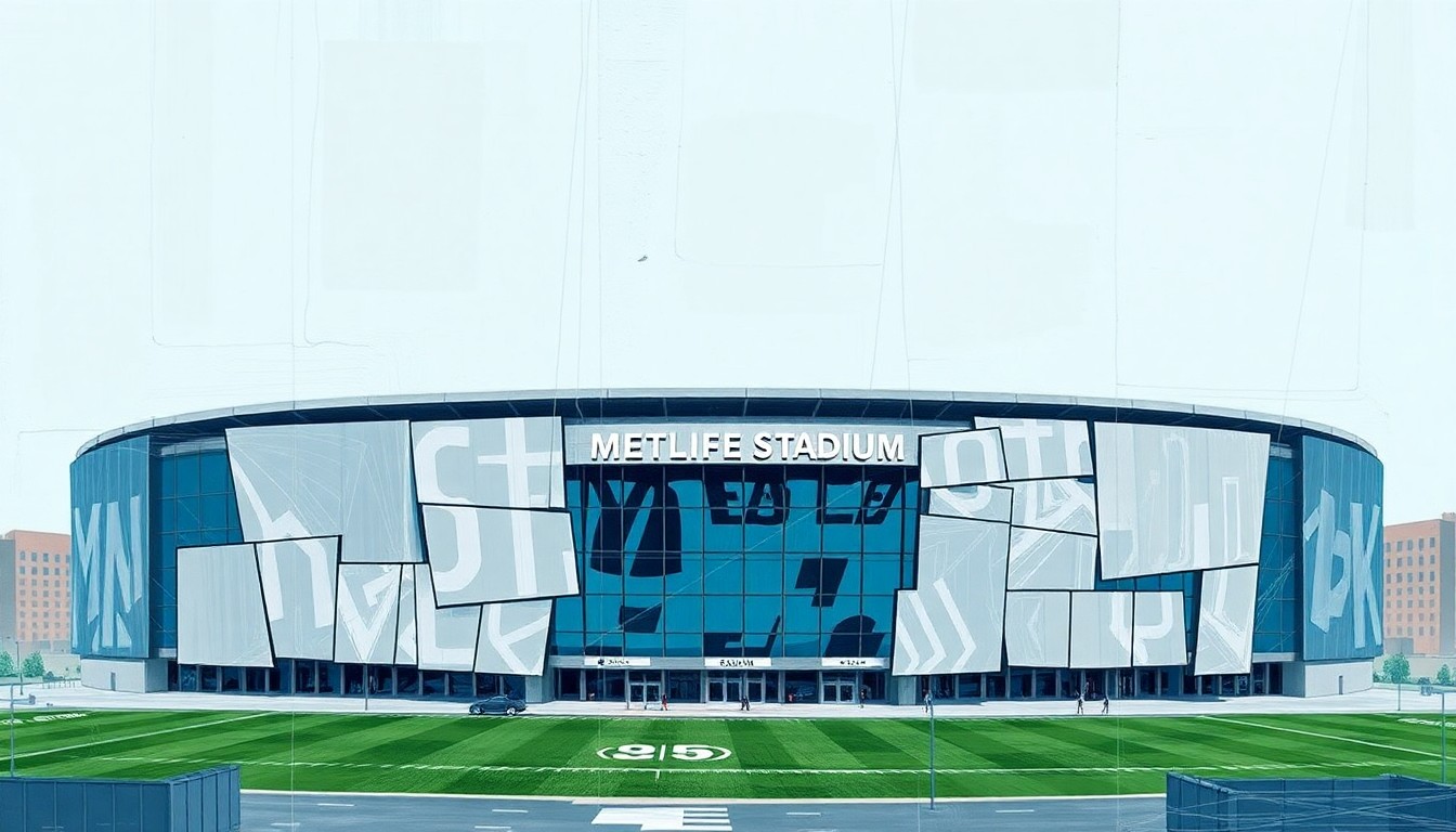 A cubist, geometric illustration depicting the exterior of a stadium broken down into overlapping planes of gray, blue, and green, conceptually representing the temporary rebranding of MetLife Stadium for the 2026 FIFA World Cup.