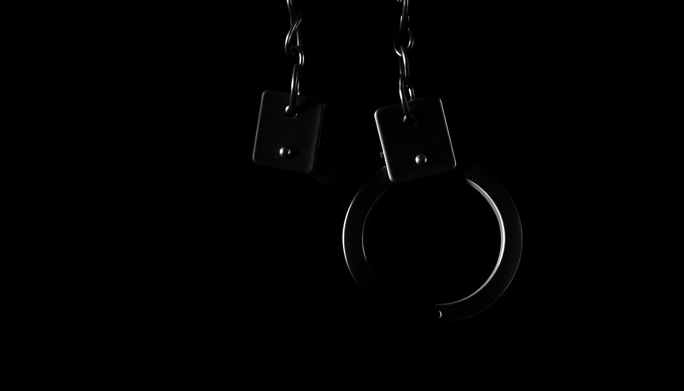An extreme close-up photograph of a pair of handcuffs against a stark black background, creating a gritty, investigative aesthetic through the use of harsh, direct lighting.