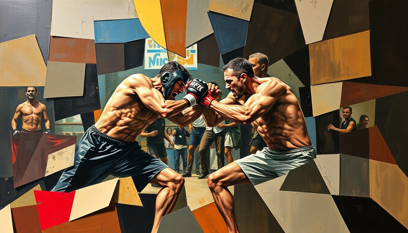 A cubist, geometric painting depicting the fragmented movements and perspectives of a mixed martial arts fight, conveying the raw energy and intensity of the sport.