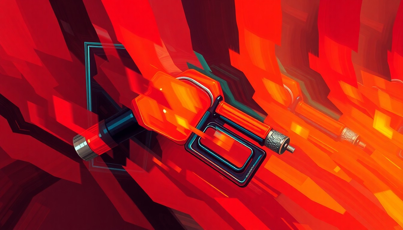 A dynamic, abstract painting featuring a gas pump nozzle in motion, with overlapping, fragmented geometric shapes in warm, fiery colors, conceptually representing the turbulent state of gas prices and the political debate surrounding them.