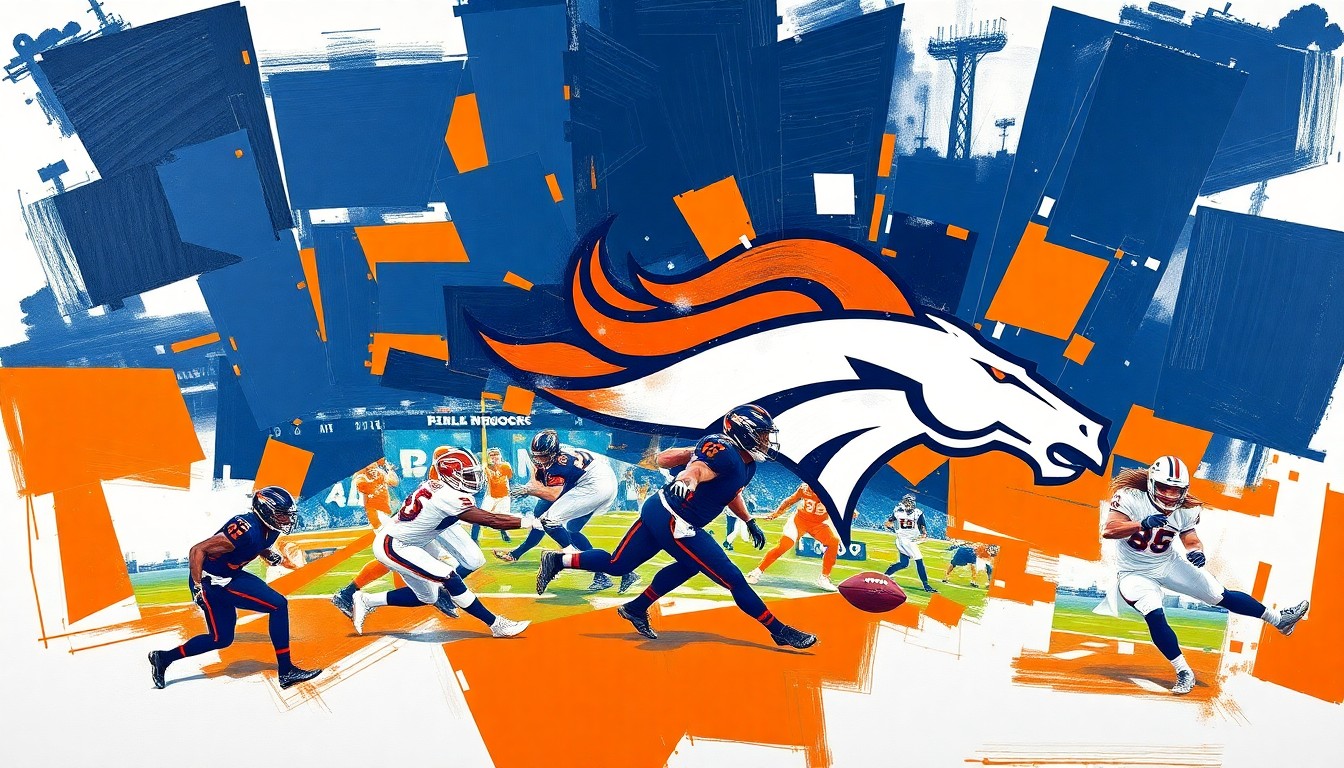 A fractured, cubist-style painting depicting a Broncos football player in action, with sharp geometric shapes and planes of navy blue, orange, and white colors representing the team's official palette.