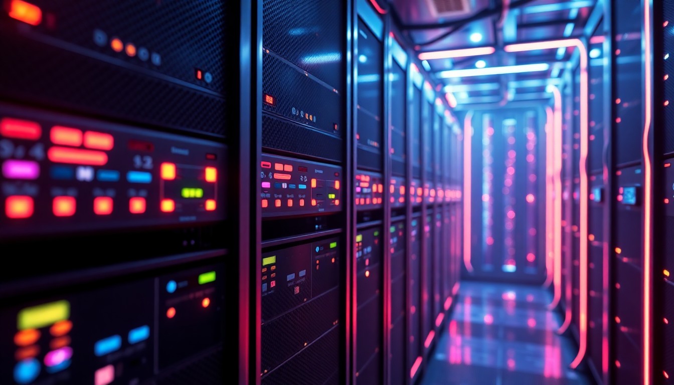 A highly detailed, glowing 3D illustration of a futuristic data server rack with pulsing neon lights, conceptually representing the hidden digital infrastructure at the heart of the tech industry's intellectual property battles.