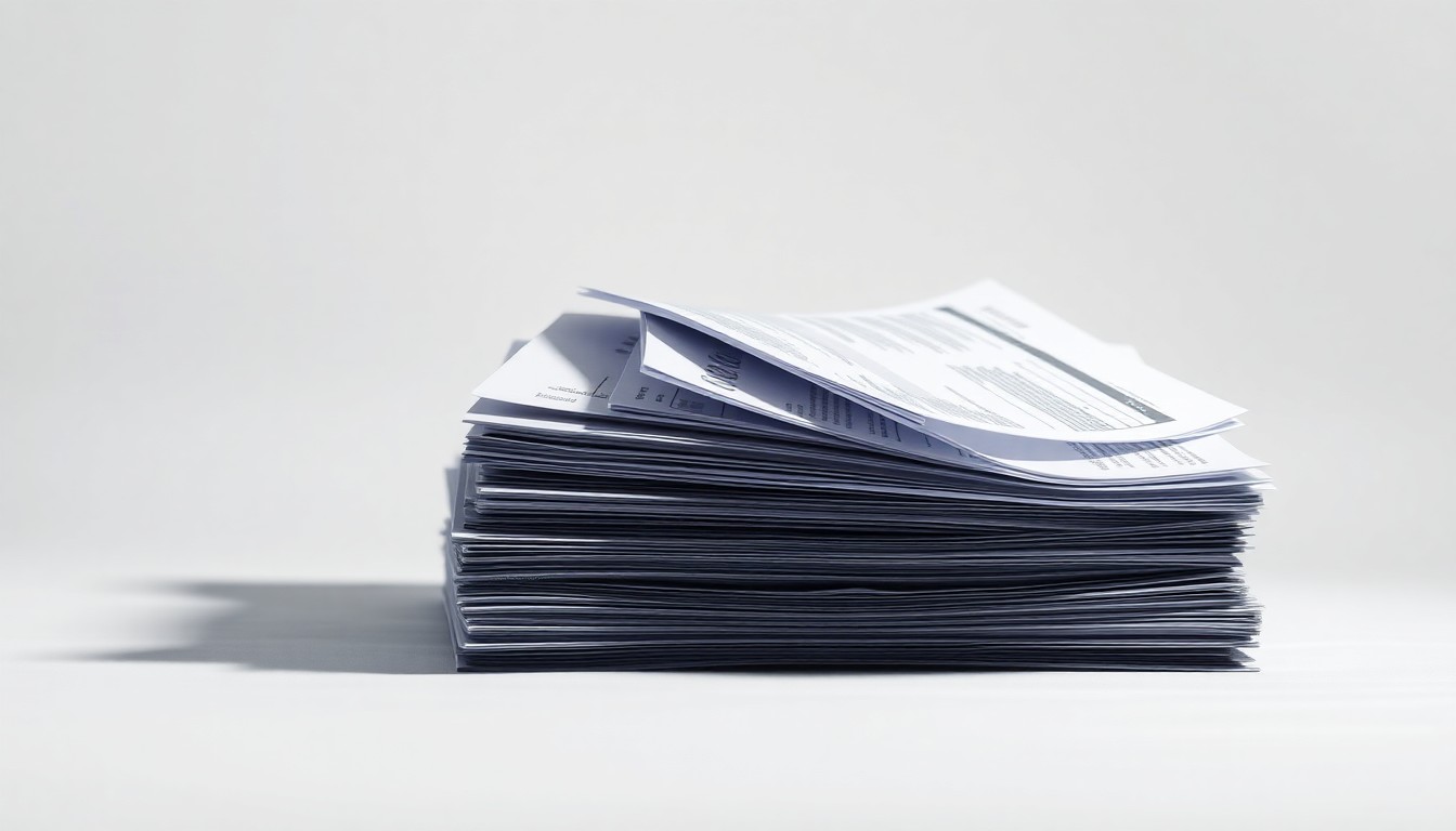 A minimalist, high-contrast studio photograph featuring a stack of neatly organized financial reports and accounting ledgers, conveying a sense of corporate strategy and risk management.