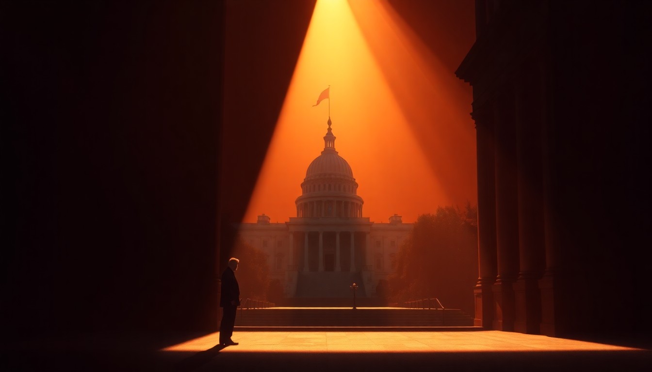 A dimly lit, cinematic painting of a solitary government building or political figure, with warm sunlight casting dramatic shadows across the scene, conveying a sense of unease and the weight of political decisions.