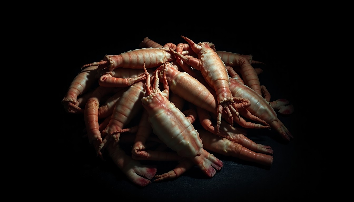 An extreme close-up photograph of a pile of stolen seafood, including crab legs and lobster tails, lit by a harsh, direct camera flash against a pitch-black background, conceptually illustrating the gritty details of a retail theft investigation.