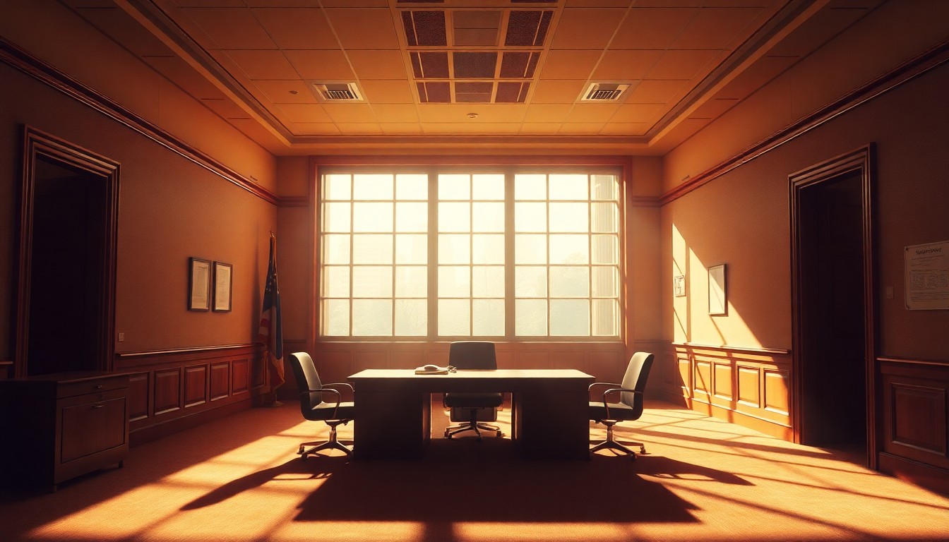 A dimly lit, cinematic government office space with an empty desk and chair, the room bathed in warm, diagonal sunlight and deep shadows, conveying a sense of political tension and uncertainty.