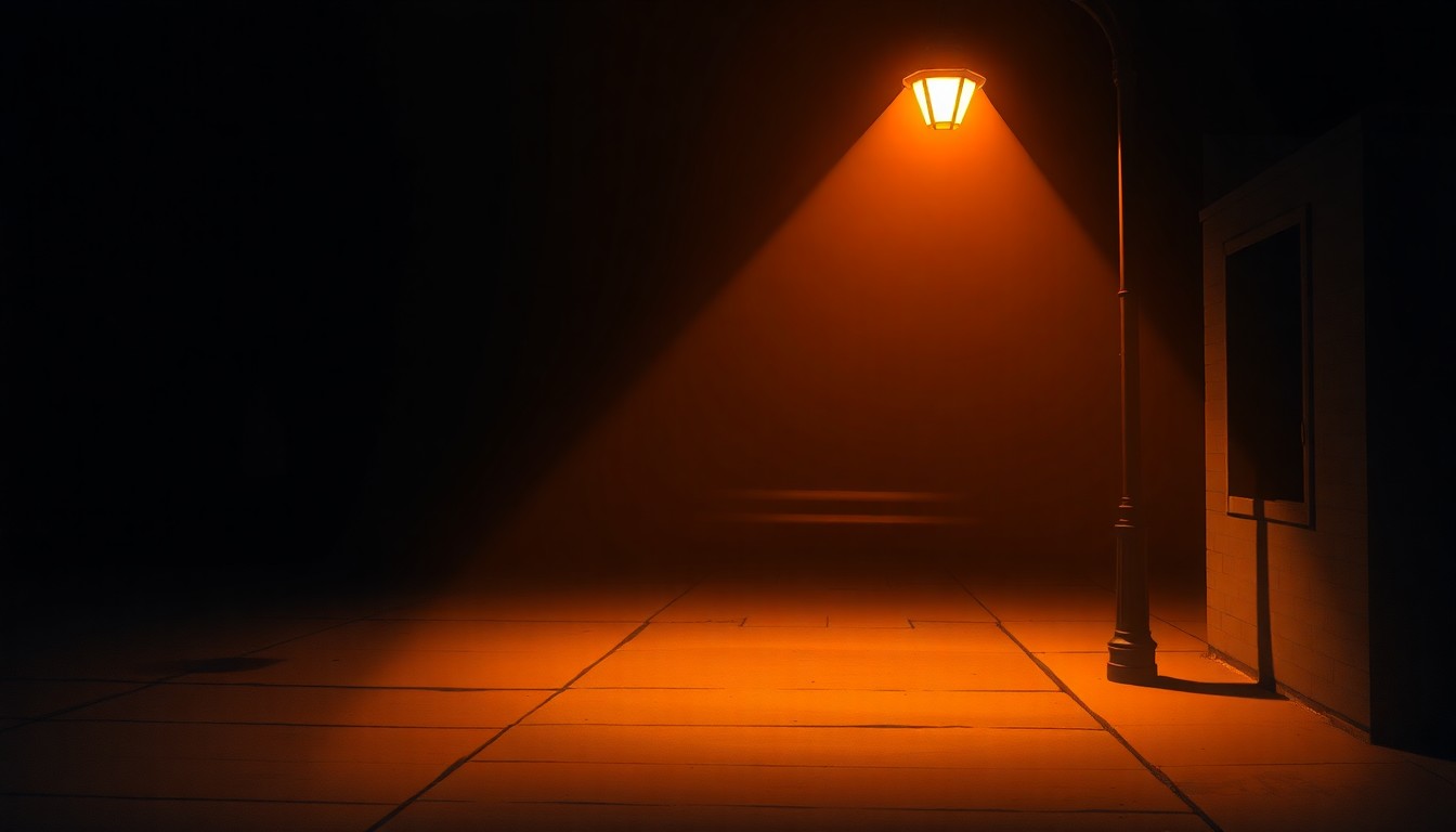 A dimly lit urban street scene bathed in warm, diagonal light and deep shadows, conceptually representing the somber mood and sense of loss surrounding a tragic crime.