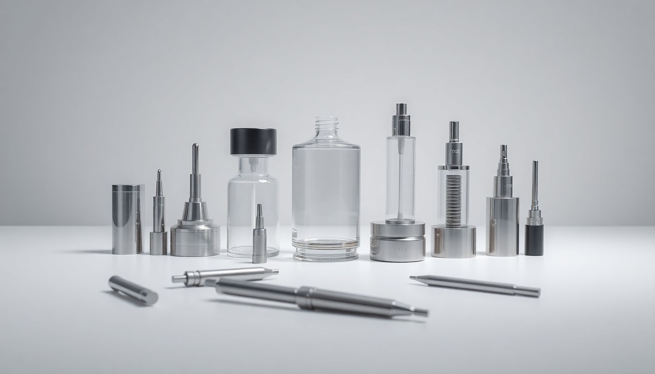A high-end, photorealistic studio still-life photograph featuring a carefully arranged composition of premium, polished objects representing the medical device manufacturing and healthcare innovation industries, conveying a sense of innovation, precision, and corporate strategy.