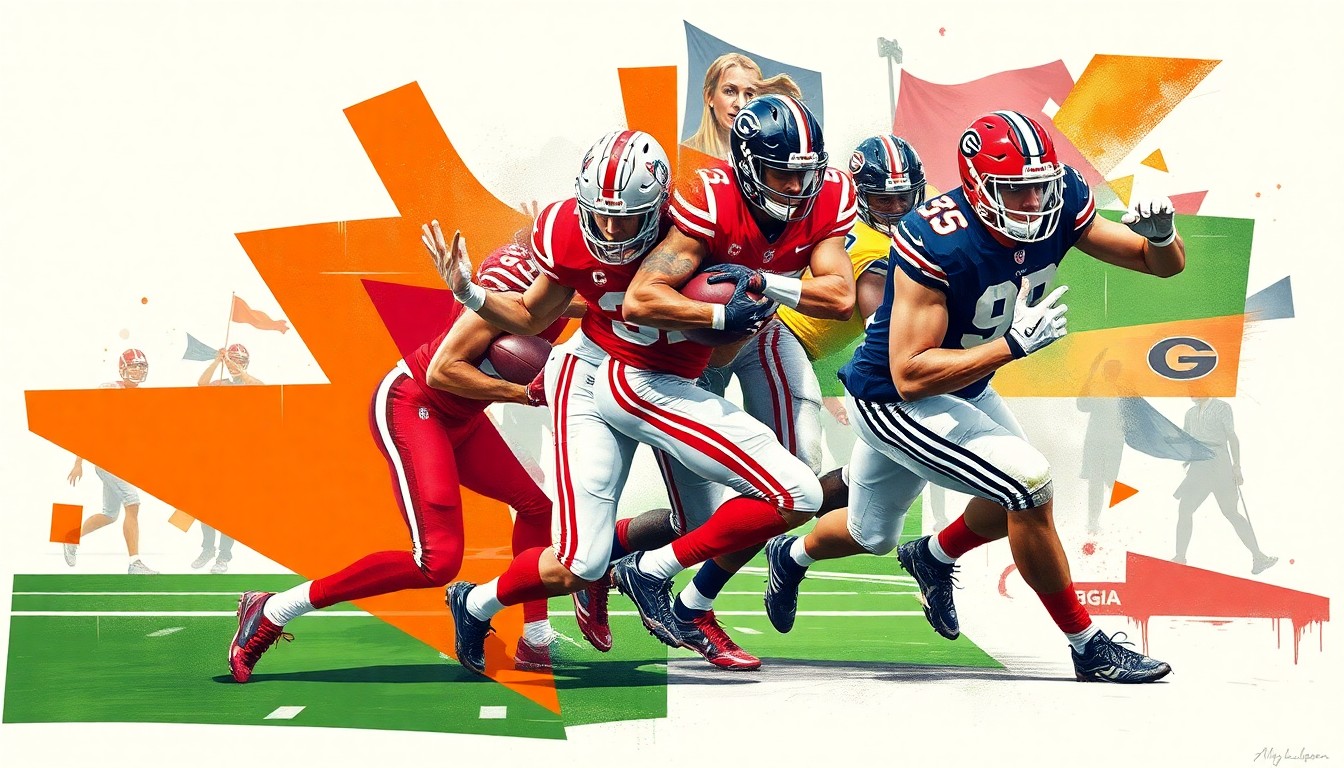 A fractured, multi-perspective painting breaking down a football player's movements and the competing schools vying for his commitment into sharp, overlapping geometric planes in vibrant team colors.