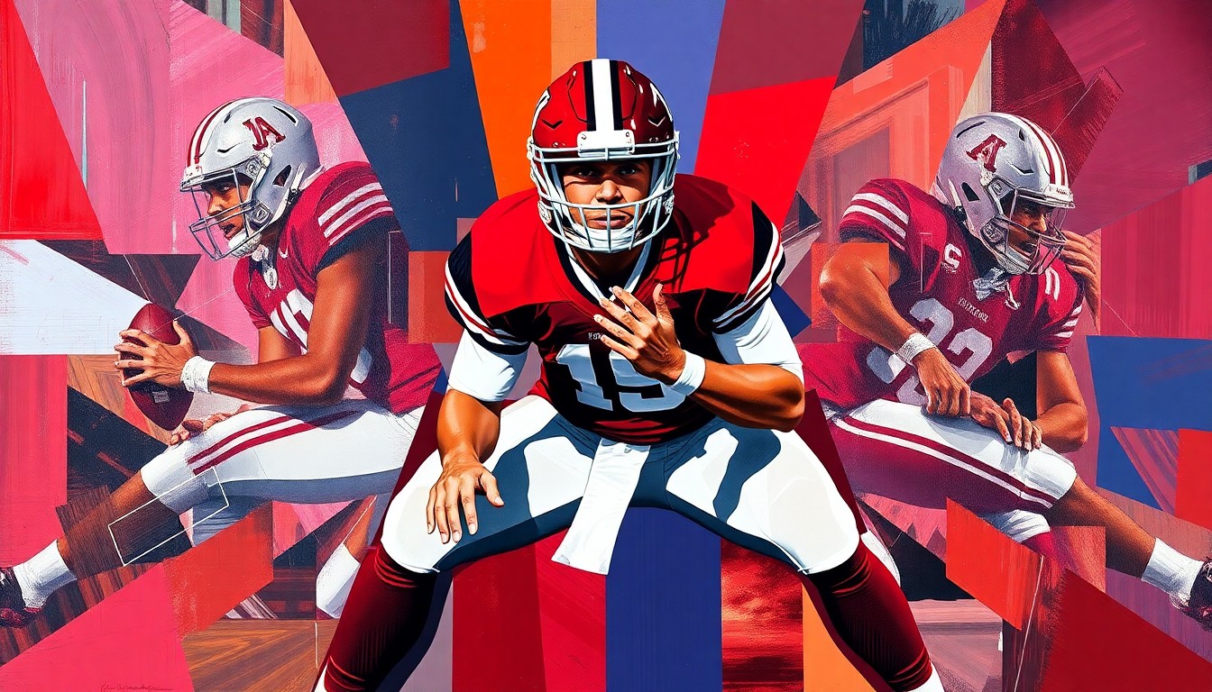 A cubist-style painting depicting a quarterback's pre-snap routine broken down into overlapping geometric shapes and planes, using bold colors like crimson, navy, and gold to represent the Alabama program.