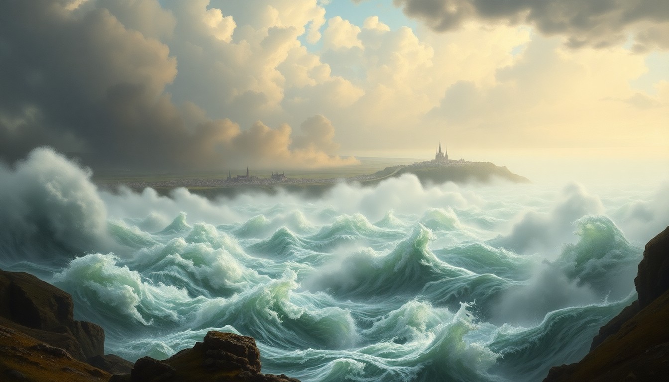 A dramatic, atmospheric landscape painting showing a raging river overflowing its banks and threatening to engulf a small town in the distance, conveying the overwhelming power of nature.