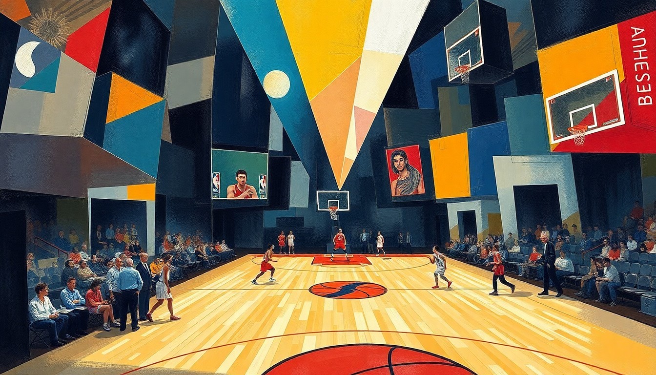A cubist, geometric painting depicting fragmented basketball players and court elements, representing the strategic battle between the Suns and Blazers' frontcourts.