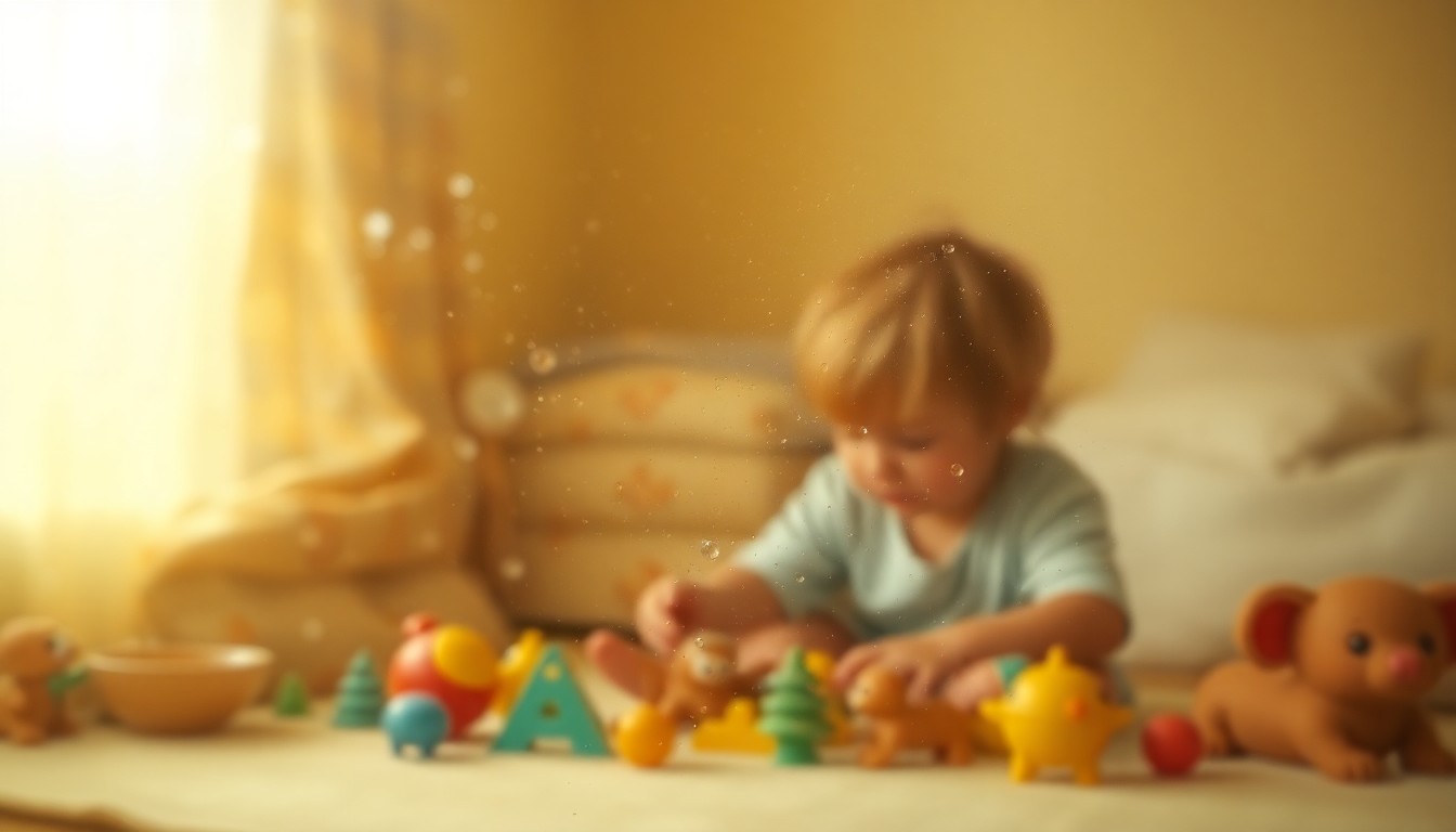 An abstract, impressionistic photograph of a child's blurred silhouette playing with toys, captured through a hazy, rain-streaked lens and bathed in warm, golden light, conveying a sense of intimacy and hope.