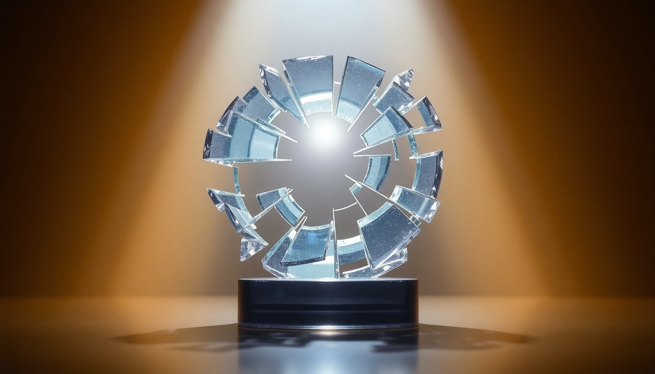 An extreme close-up photograph of a shattered glass trophy reflecting a bright spotlight, conceptually representing the high-stakes, glamorous world of Jeopardy! and the achievements of contestant Jamie Ding.