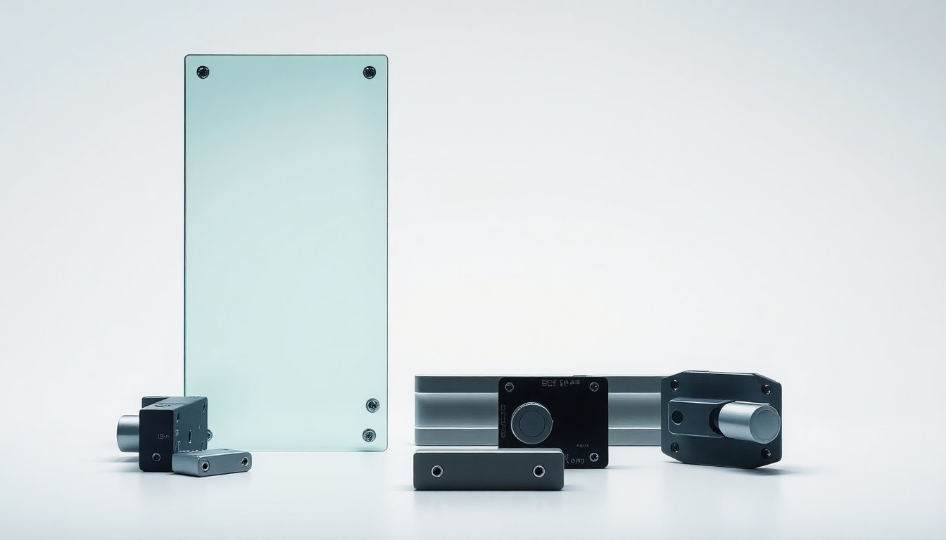 An abstract studio still life featuring a series of sleek, high-end security hardware components arranged elegantly on a clean, monochromatic background, conceptually representing the protective solutions offered by Impact Security's SafeSuite system.