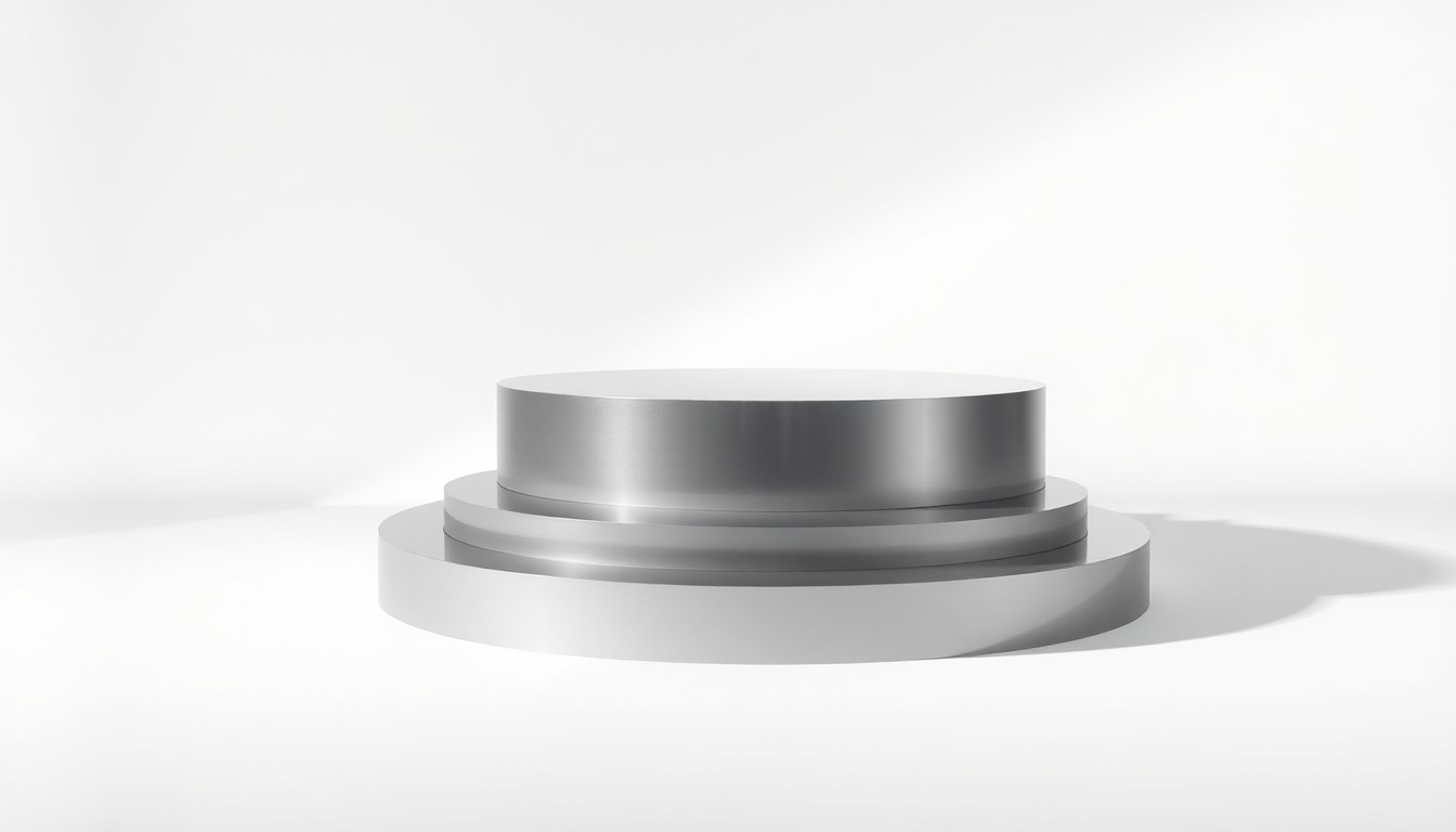 A minimalist, high-contrast studio photograph of a modern, geometric stage riser made of polished metal and glass, floating on a clean white background and dramatically lit from the side to highlight the premium materials and sleek design.