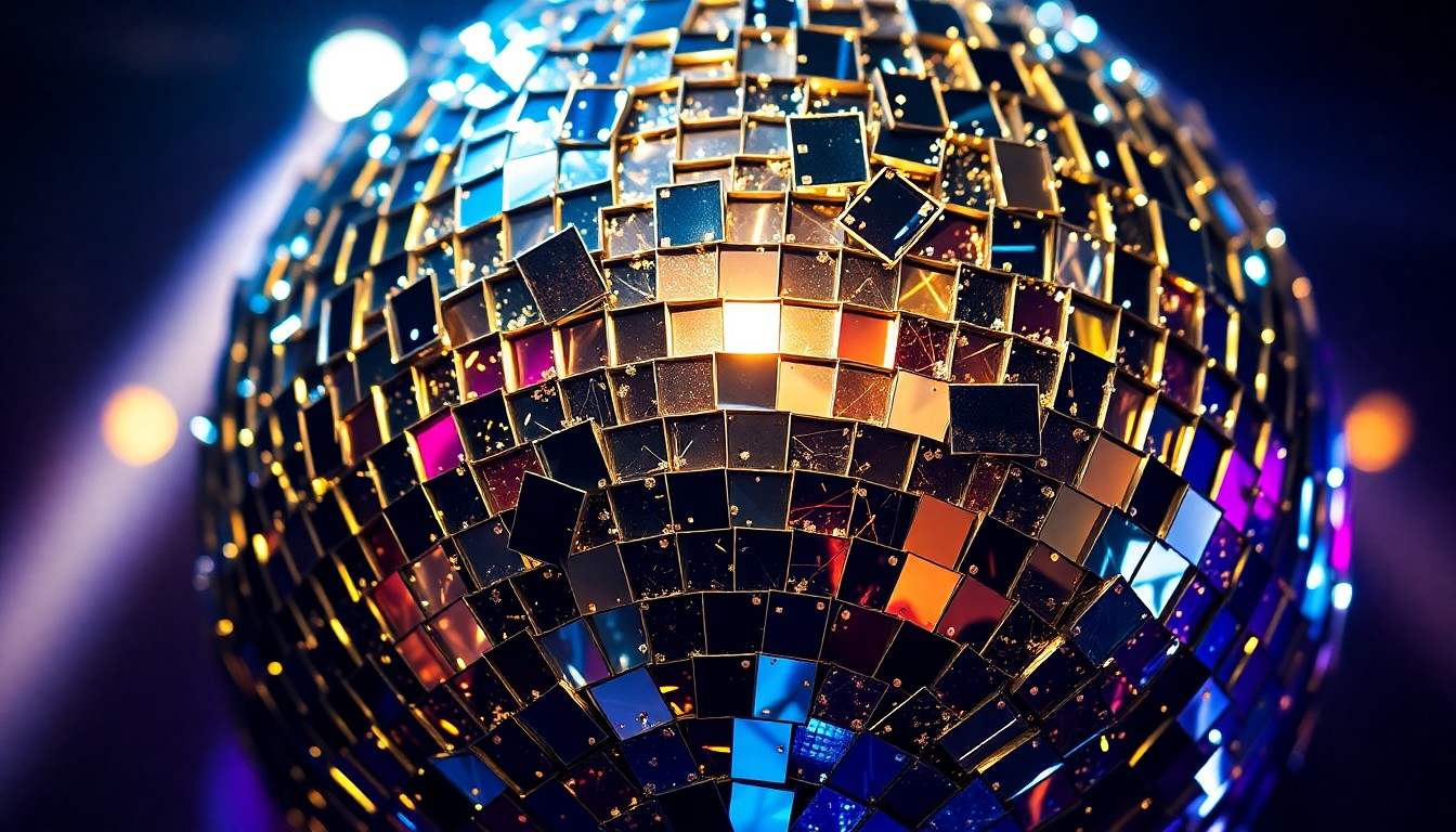 An extreme close-up photograph of shattered disco ball fragments reflecting bright stage lights, conceptually representing the glamour and energy of Miami's vibrant nightlife.