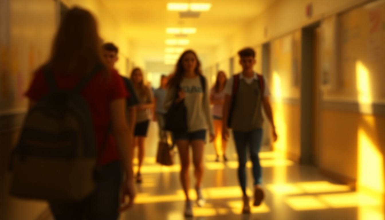 An abstract, impressionistic scene of students moving through a school hallway, with soft, hazy light creating a sense of motion and energy.