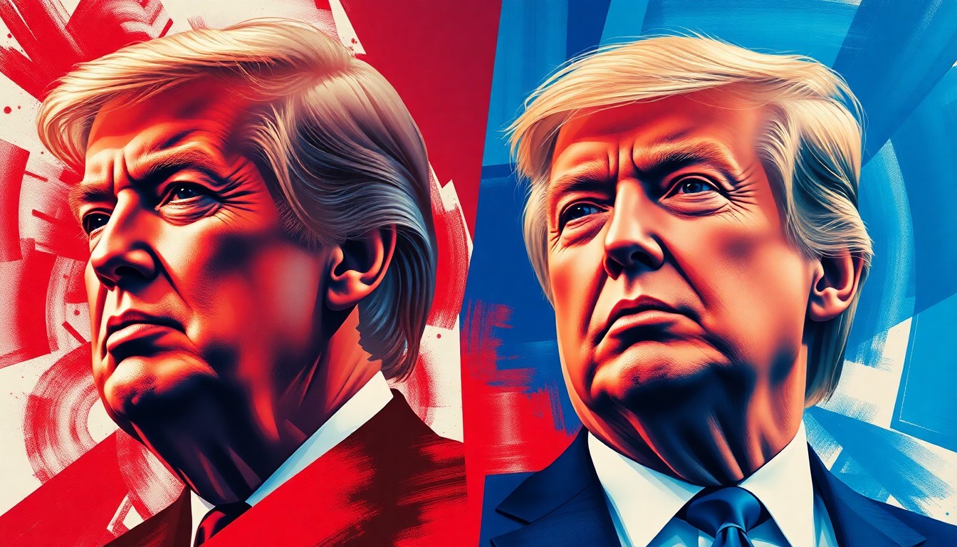 A vibrant, abstract painting featuring overlapping, geometric shapes and brushstrokes in contrasting shades of red and blue, conceptually representing the dynamic and unexpected nature of the California governor's race.