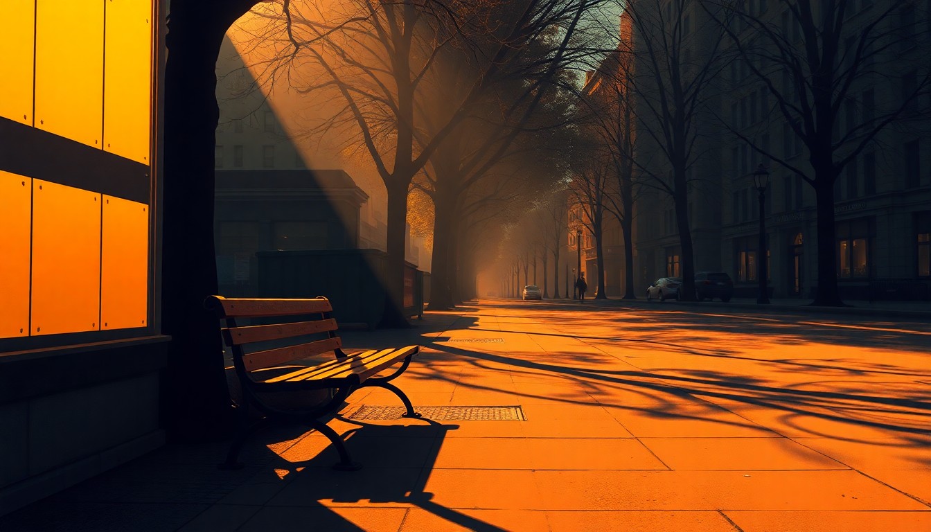 A serene urban landscape painting featuring a lone park bench on a city street, with warm sunlight and deep shadows creating a contemplative, nostalgic mood.