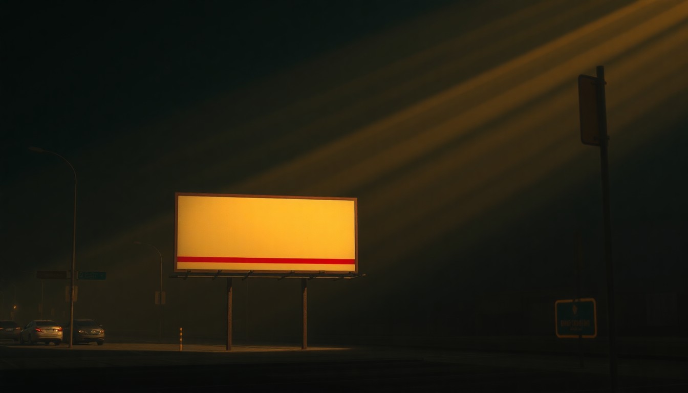 A dimly lit urban scene with a solitary campaign sign or billboard, its edges softened by warm sunlight and deep shadows, conveying a sense of quiet contemplation around the local political process.