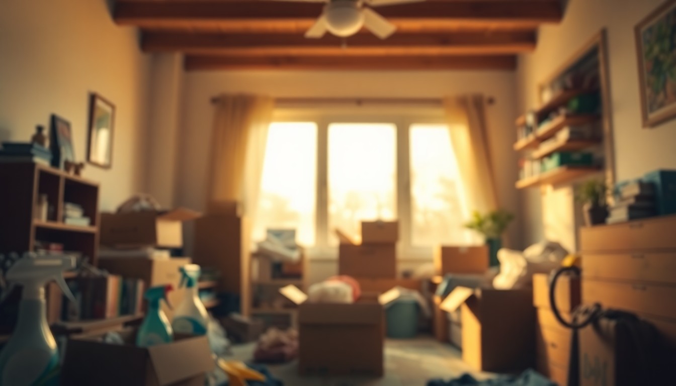 An abstract, impressionistic photograph in soft, warm tones depicting a cluttered home interior during spring cleaning, with blurred shapes of cleaning supplies and half-packed boxes.