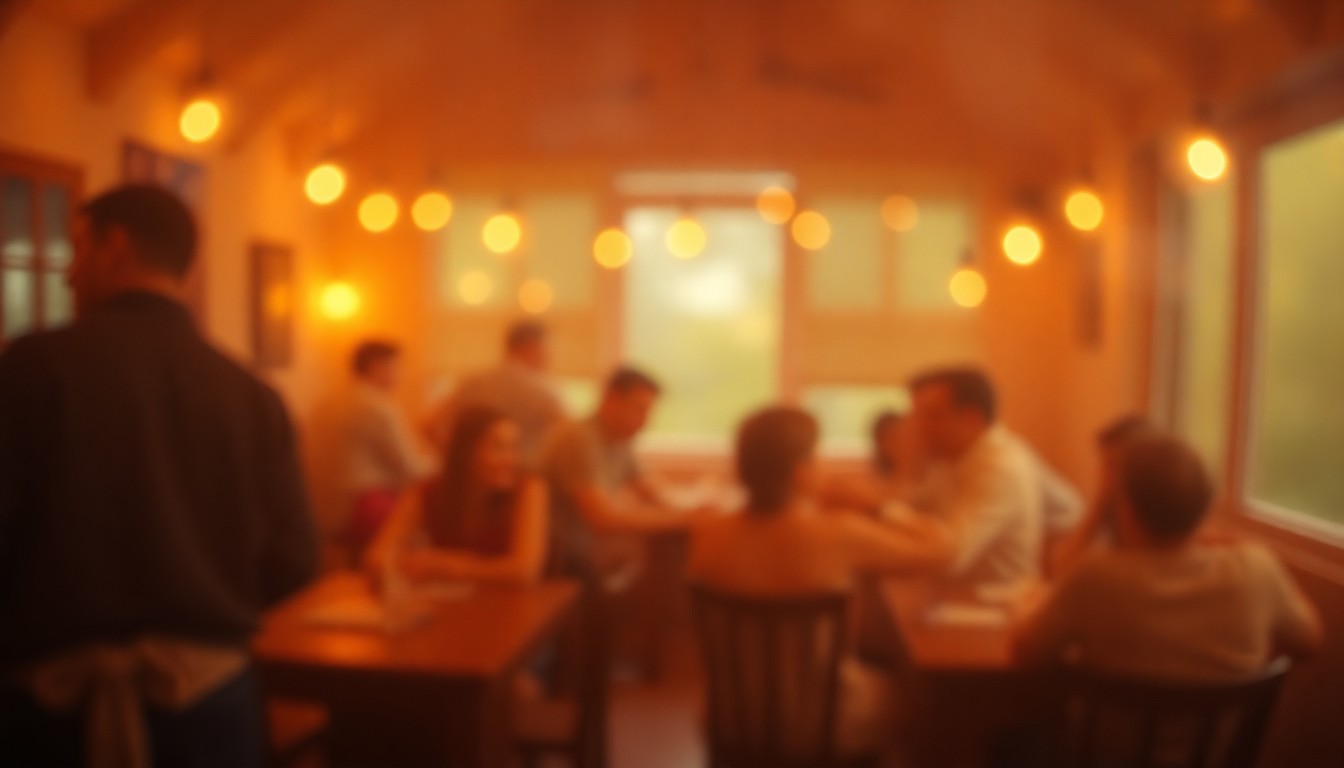 An extremely blurred, impressionistic scene of people gathered together in a warm, softly lit indoor space, conveying the emotional atmosphere of a community celebration of life.
