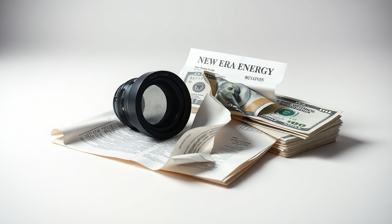 A photorealistic studio still life featuring a shattered glass lens, a crumpled legal document, and a stack of dollar bills on a clean, monochromatic background, symbolizing the alleged financial fraud and environmental damage caused by the actions of New Era Energy.
